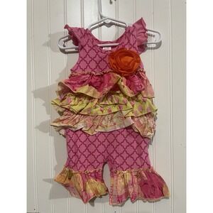 Baby Girl $65 GIGGLE MOON Sz 3 Months One Piece Pink Green Ruffle Romper G171